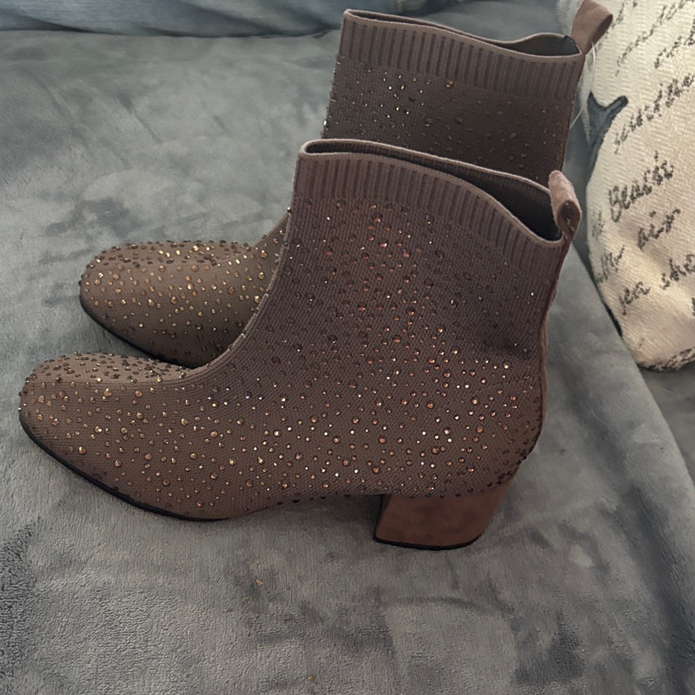 Kenneth Cole Reaction Brown Crystal-Studded Sock Ankle Boots